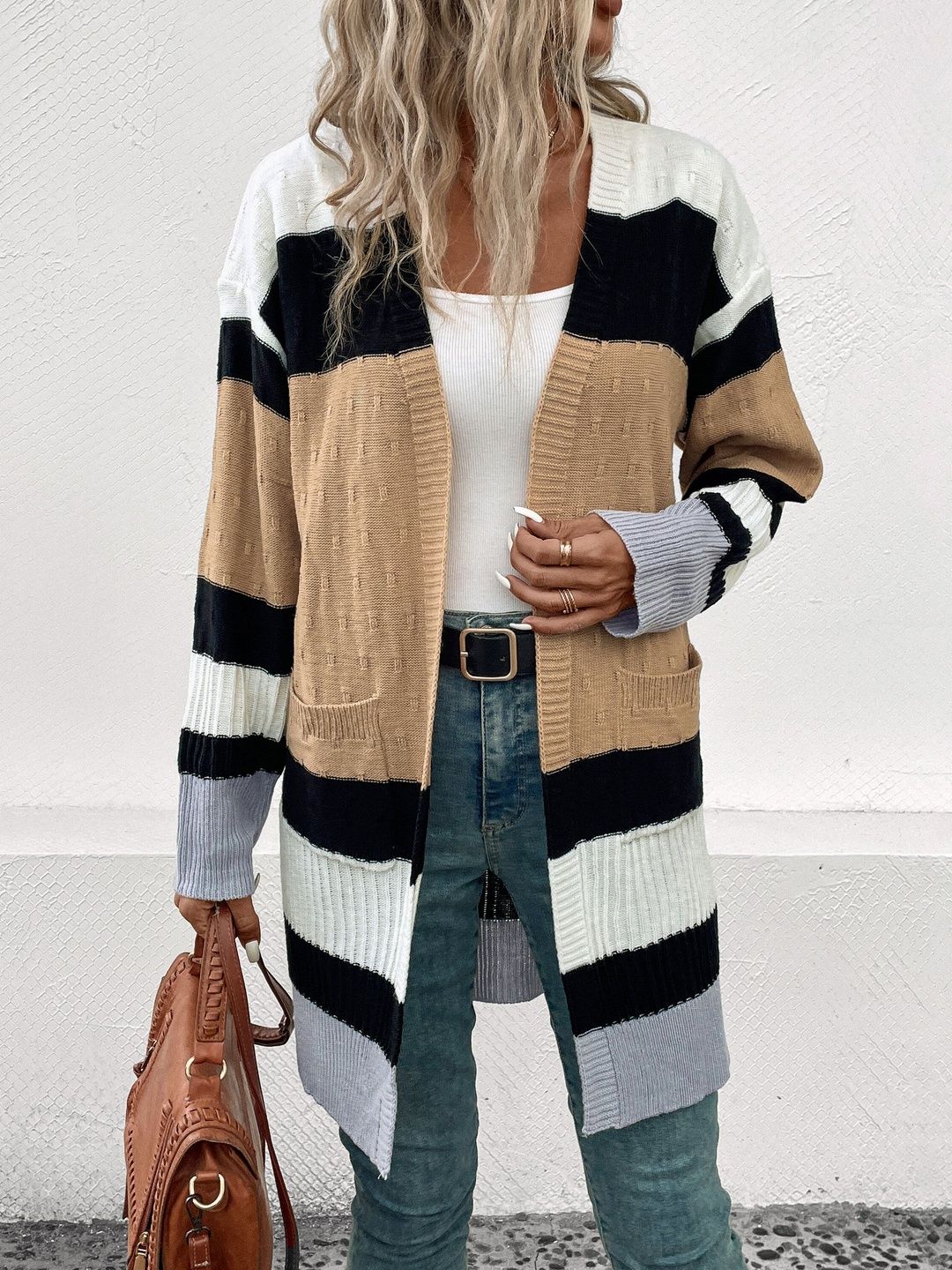 Women's Brown Colourblocked Cardigan Blend Printed