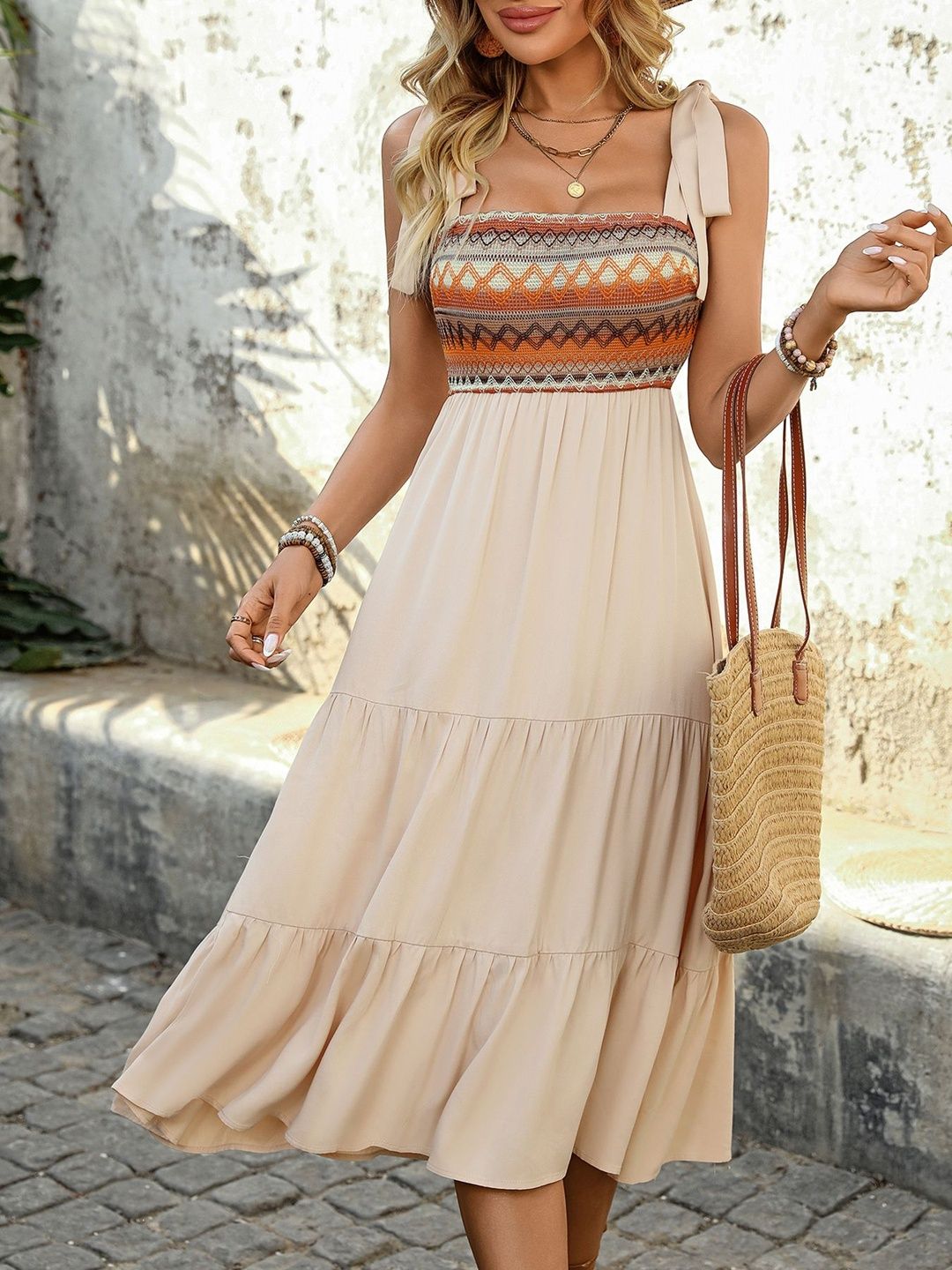 Tie-Up Neck Fit & Flare Midi Dress in Beige polyester - Nowi Korean Fashion