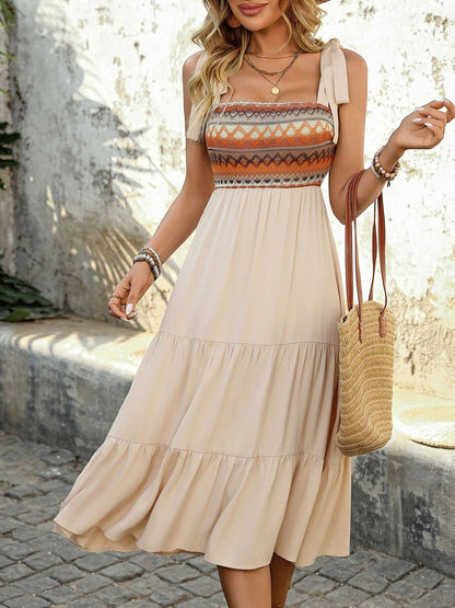 Tie-Up Neck Fit & Flare Midi Dress in Beige polyester - Nowi Korean Fashion