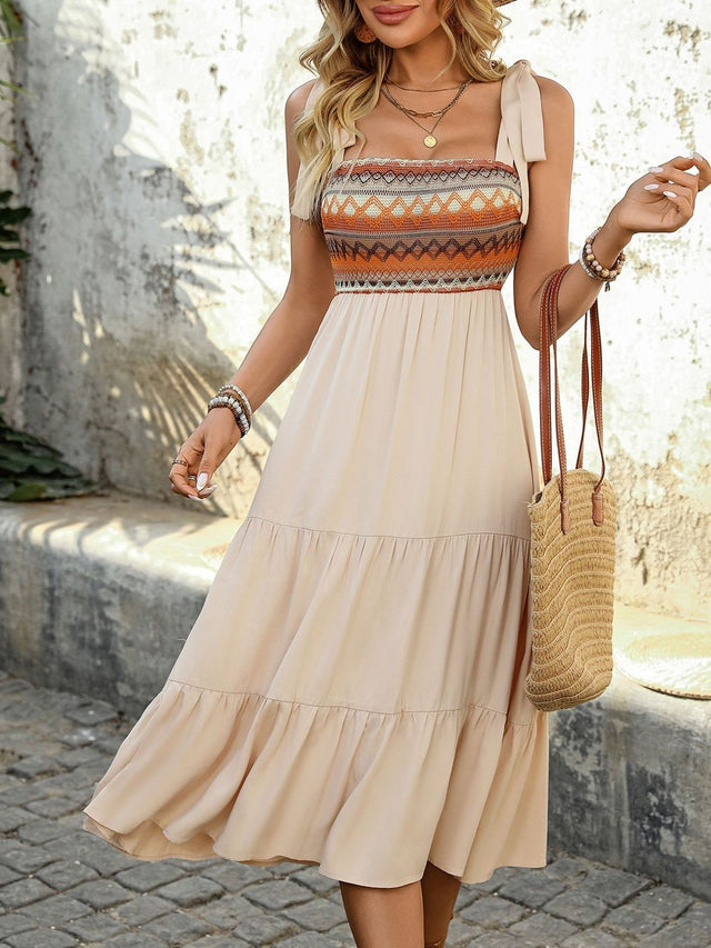 Tie-Up Neck Fit & Flare Midi Dress in Beige polyester - Nowi Korean Fashion
