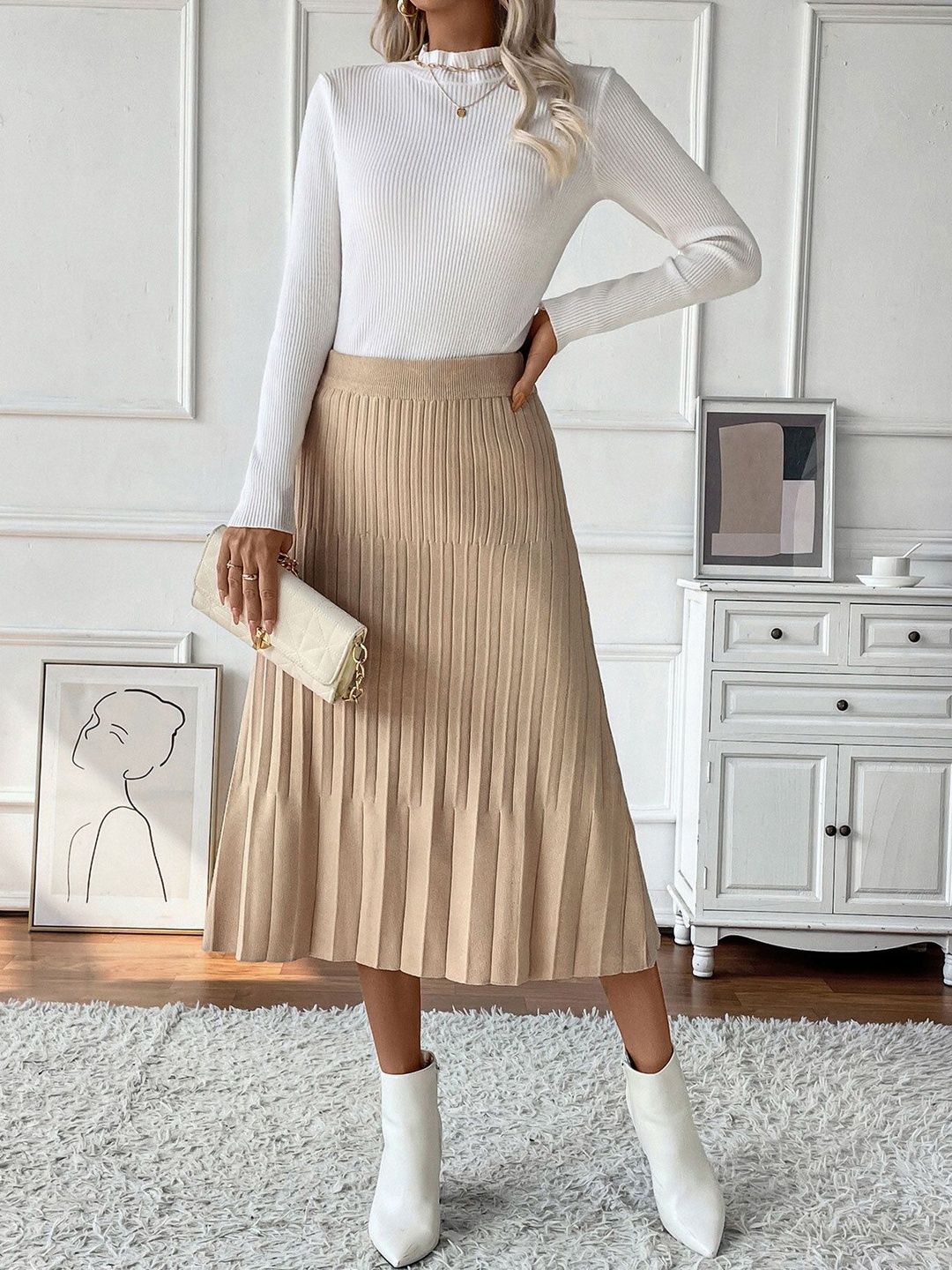 Pleated Midi Skirts in Beige polyester - Nowi Korean Fashion