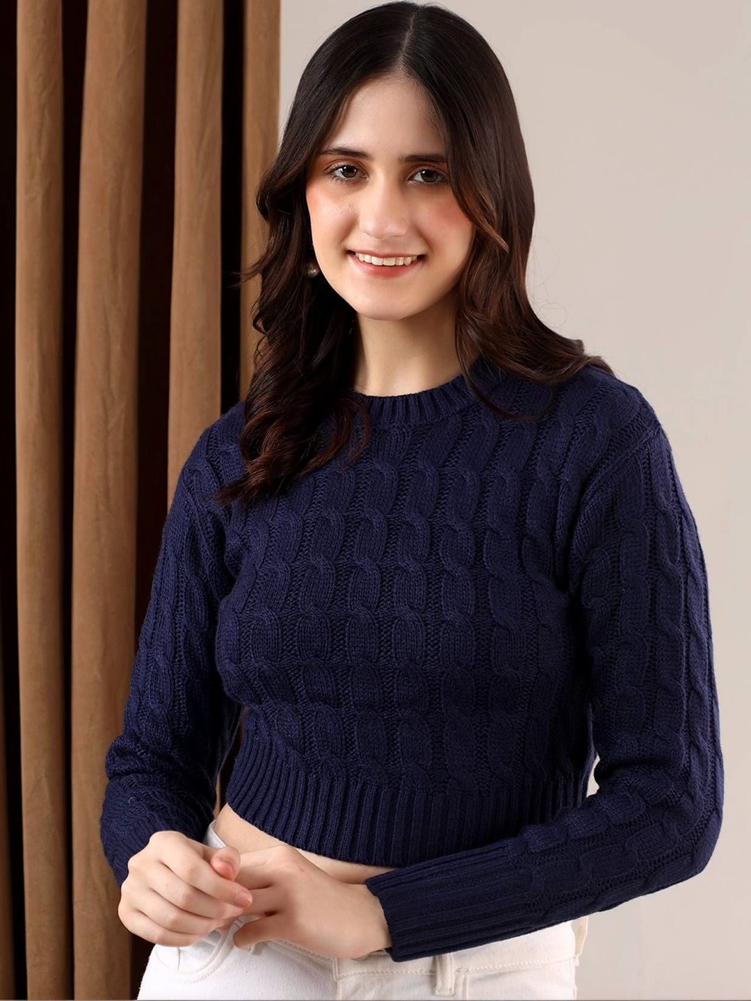 NOWI Women Cable Knit Ribbed Woollen Crop Pullover