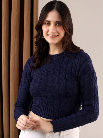 NOWI Women Cable Knit Ribbed Woollen Crop Pullover