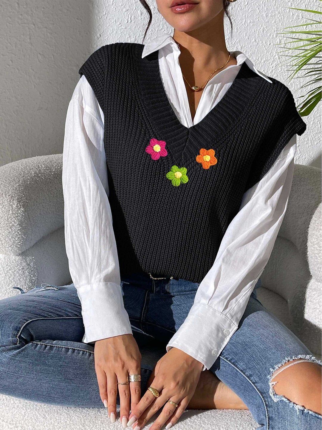 Women Ribbed Sweater Vest with Embroidered Detail