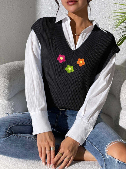 Women Ribbed Sweater Vest with Embroidered Detail