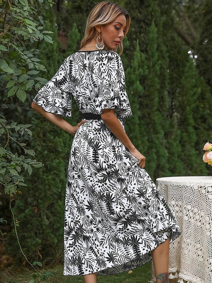 Floral Print Flared Sleeve A-Line Midi Dress
