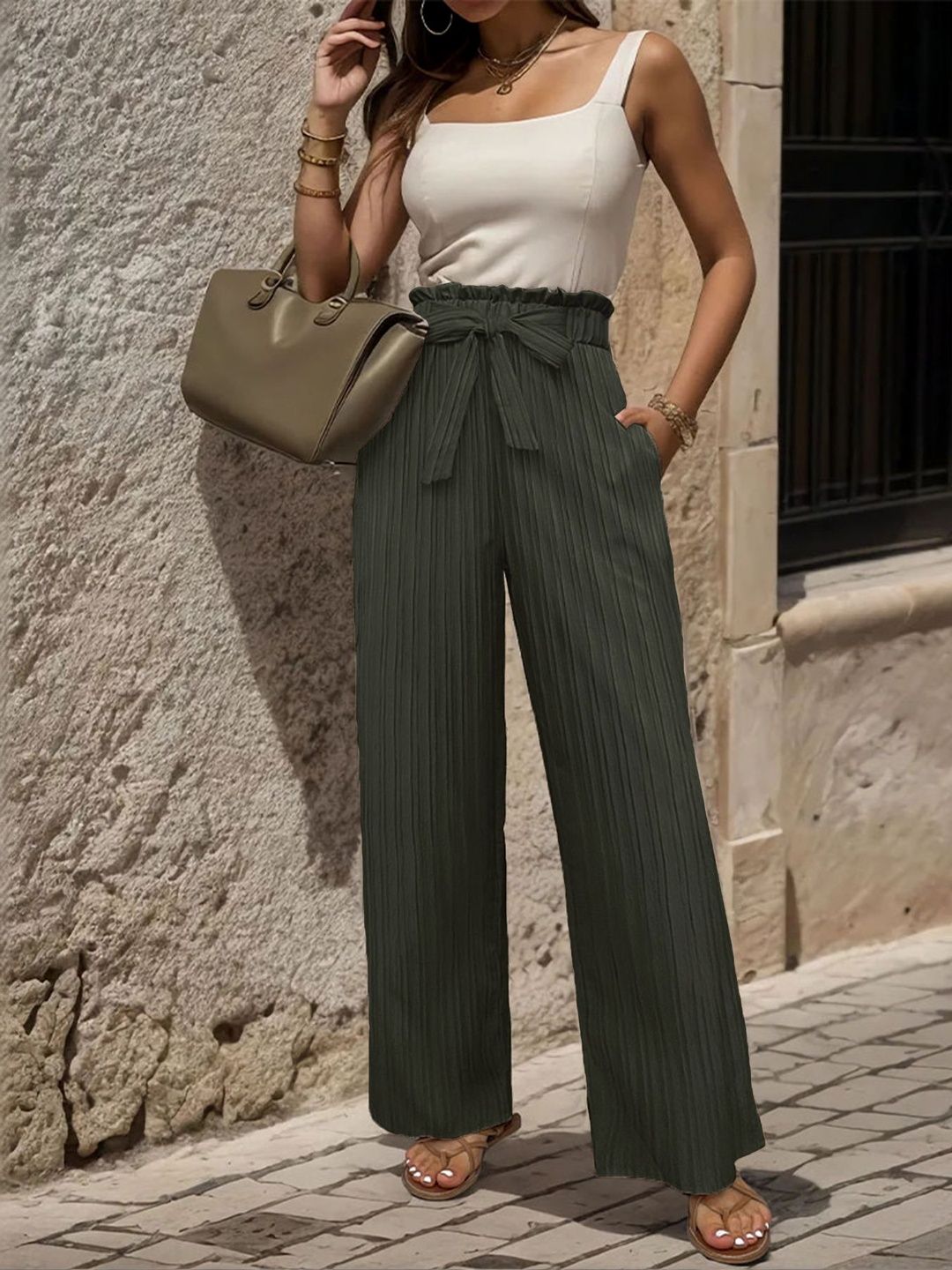 Women Textured High-Rise Non Iron Pleated Trousers