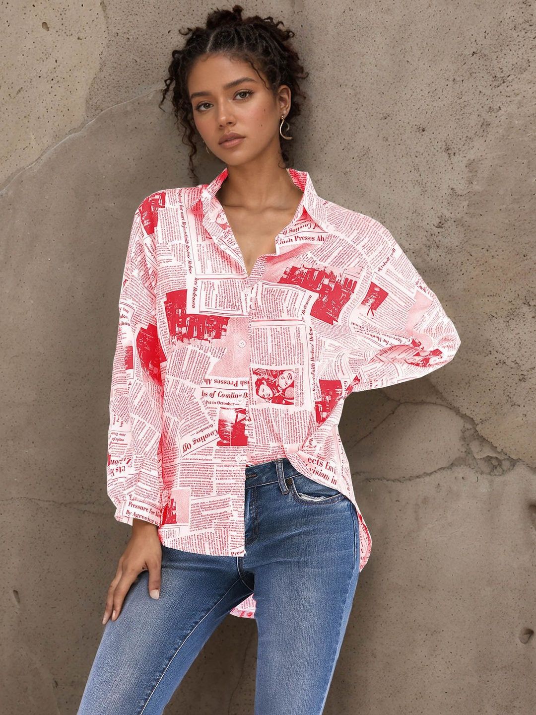 Printed Casual Shirt in Red Cotton - Nowi Korean Fashion