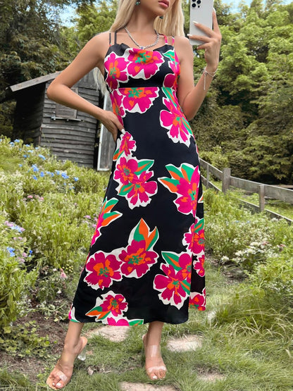 Floral Print Cowl Neck Sheath Midi Dress