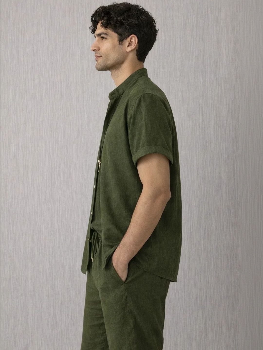 Green Mandarin Collar Shirt with Trousers Co-Ords