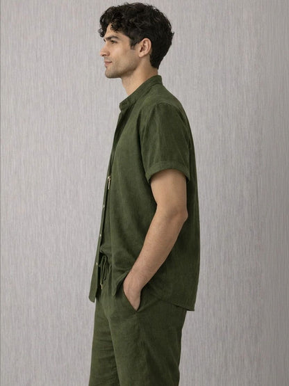 Green Mandarin Collar Shirt with Trousers Co-Ords