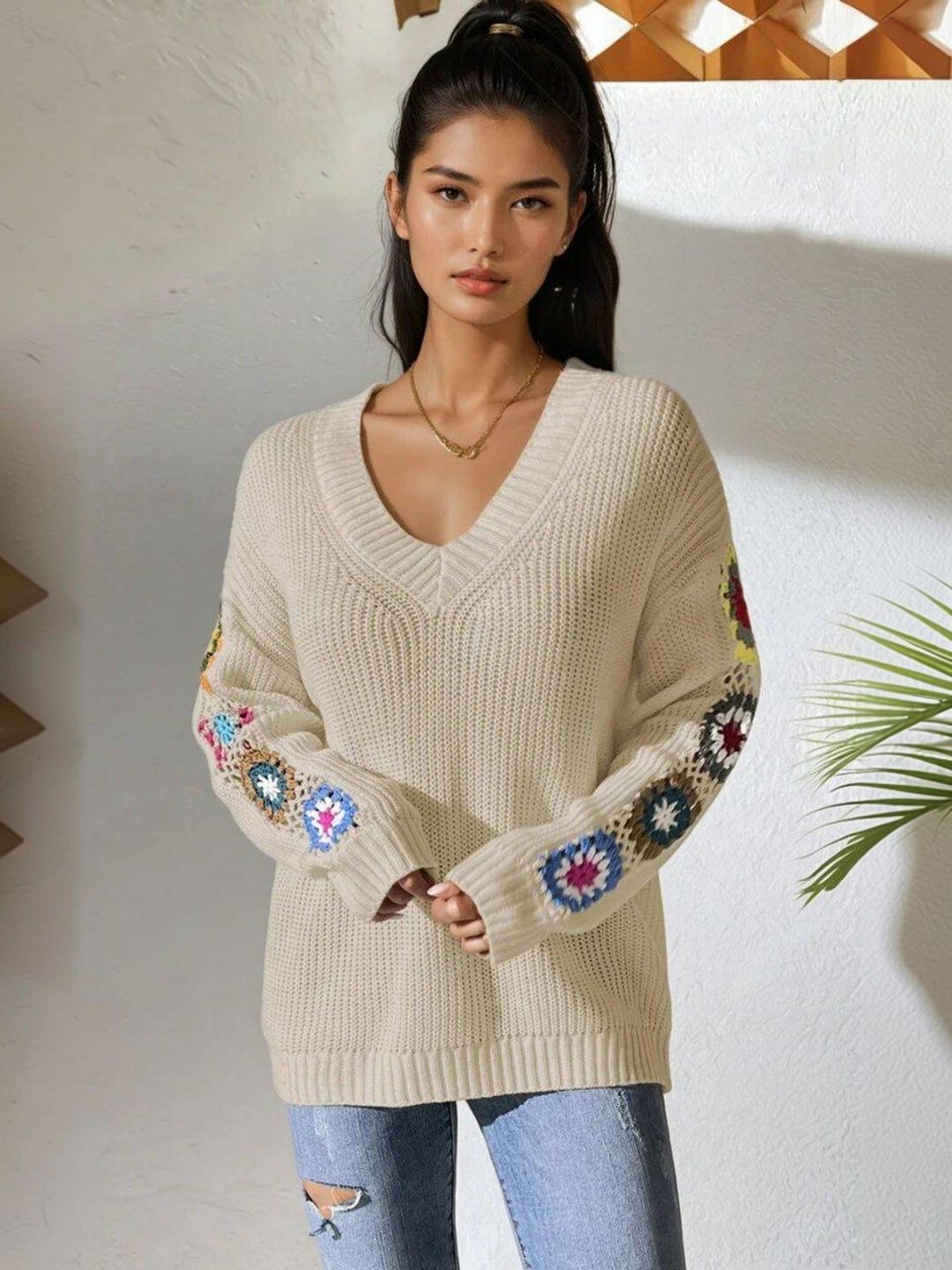 Colourblocked Ribbed Pullover in Beige acrylic - Nowi Korean Fashion
