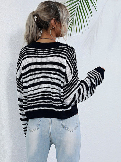 Women's Black Striped Crop Pullover