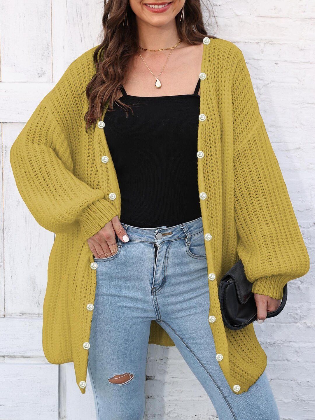 Ribbed Cardigan in Yellow acrylic - Nowi Korean Fashion