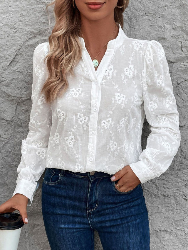 Semi Sheer Casual Shirt in White Cotton Floral - Nowi Korean Fashion
