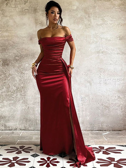 Off-Shoulder Sheath Maxi Dress in Red polyester Style 77 - Nowi Korean Fashion