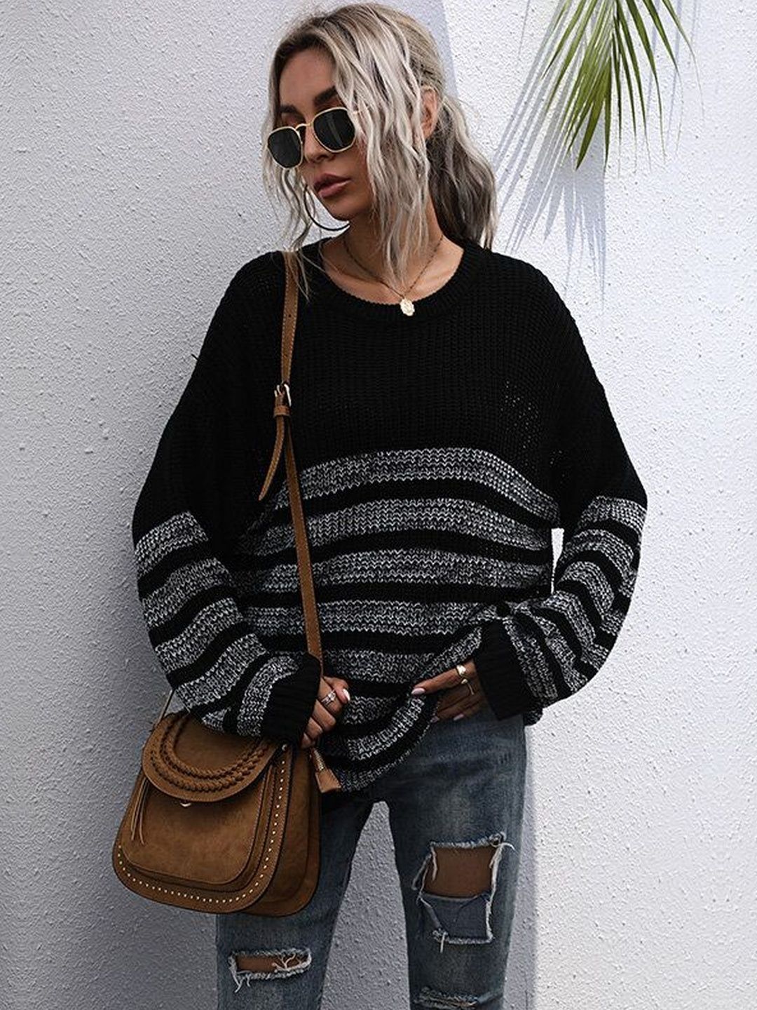 Women's Black Striped Pullover Blend Regular Fit