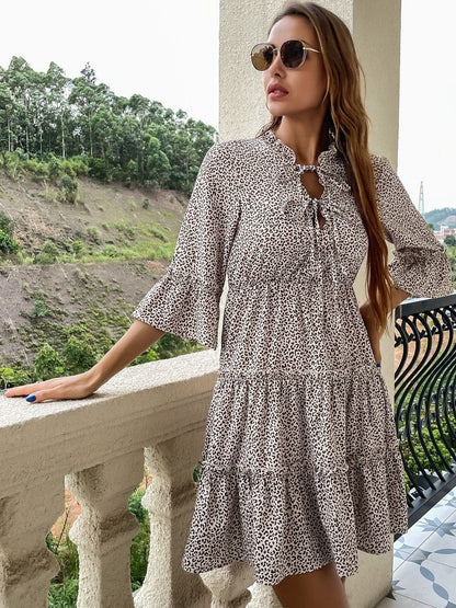 Animal Print Tie-Up Neck Flared Sleeve Fit & Flare Dress Printed - Nowi Korean Fashion