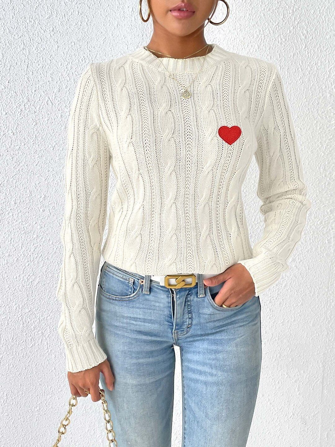 Women Cable Knit Pullover with Embroidered Detail