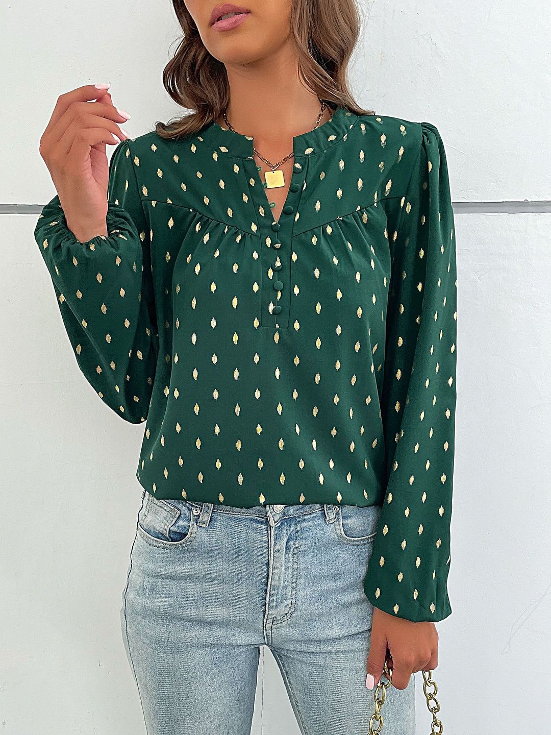 Women's Green Geometric Print Puff Sleeve Top
