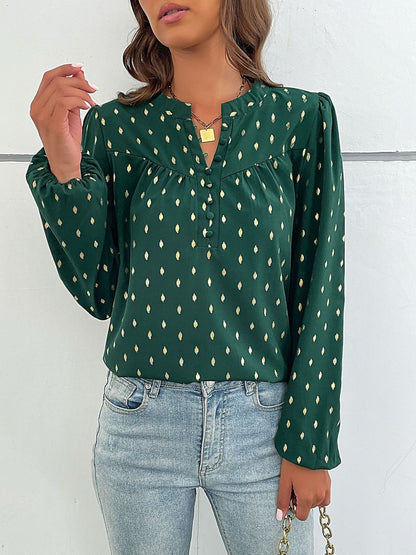 Women's Green Geometric Print Puff Sleeve Top