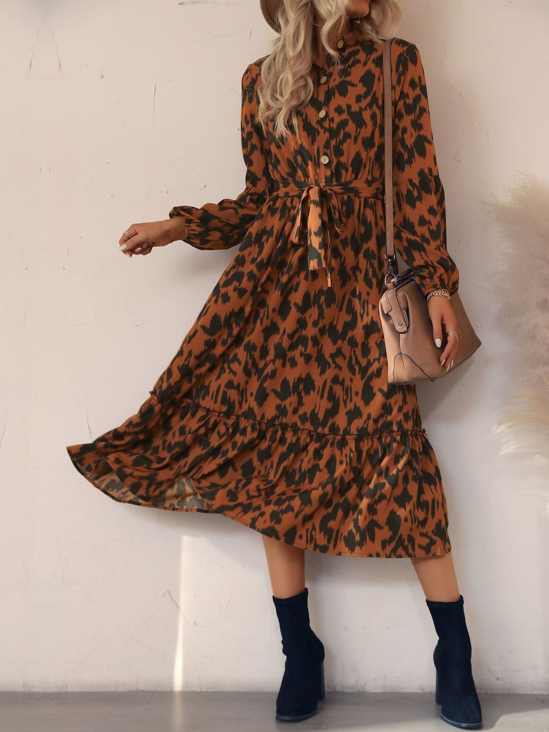 Animal Print A-Line Midi Dress in Brown Style 626 - Nowi Korean Fashion