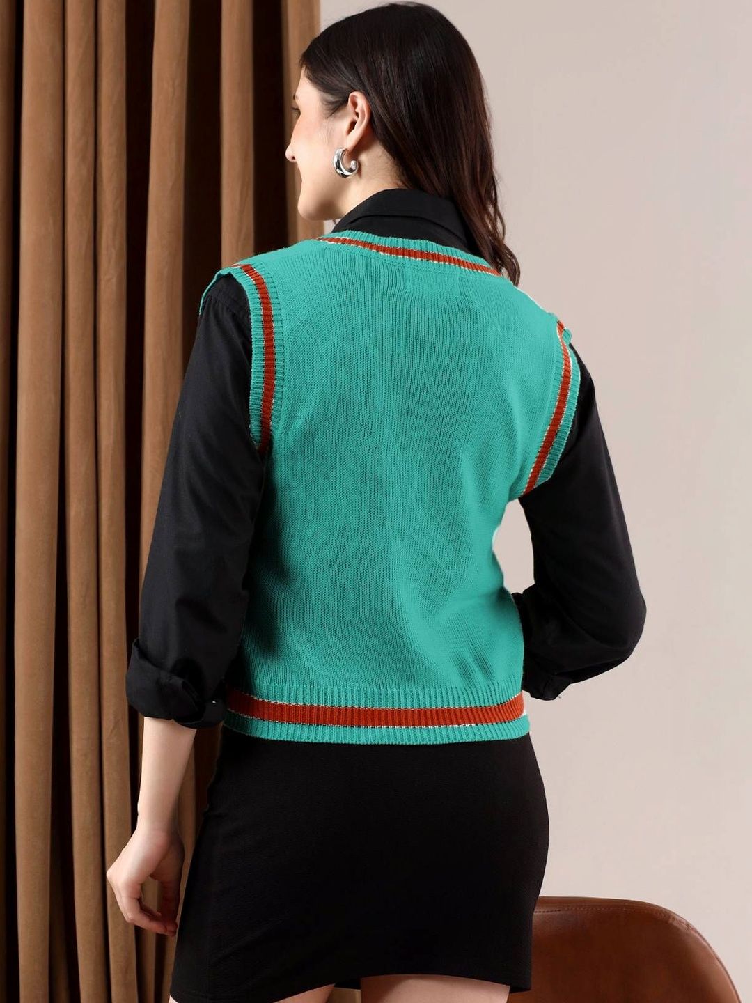 NOWI Women Striped Woollen Crop Sweater Vest