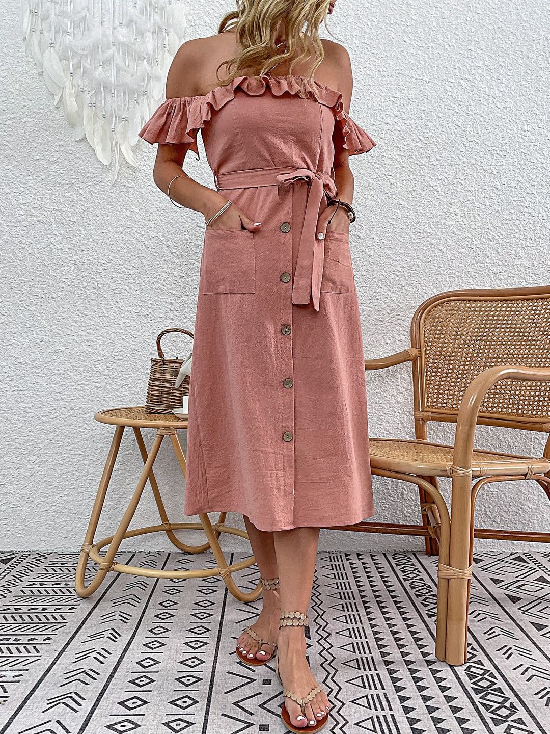 Off-Shoulder Flutter Sleeve Ruffled A-Line Midi Dress