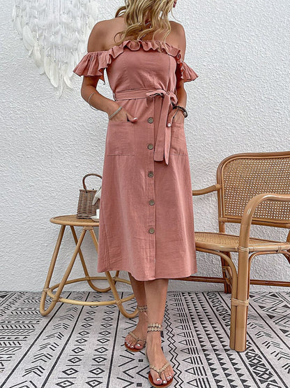 Off-Shoulder Flutter Sleeve Ruffled A-Line Midi Dress