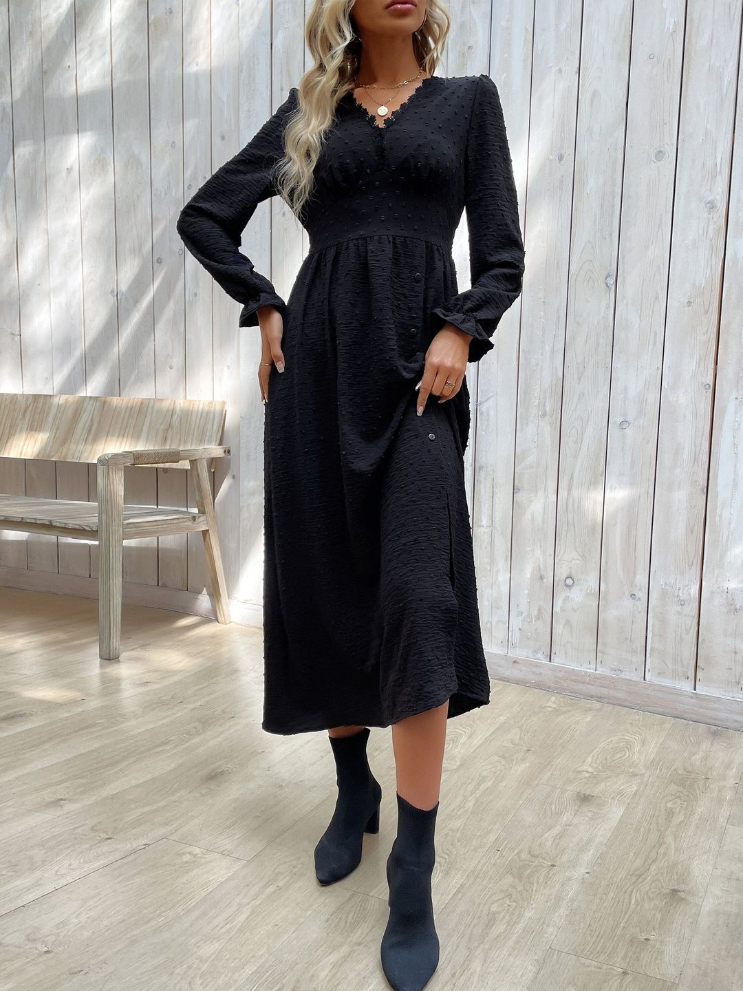 A-Line Midi Dress in Black Style 360 - Nowi Korean Fashion