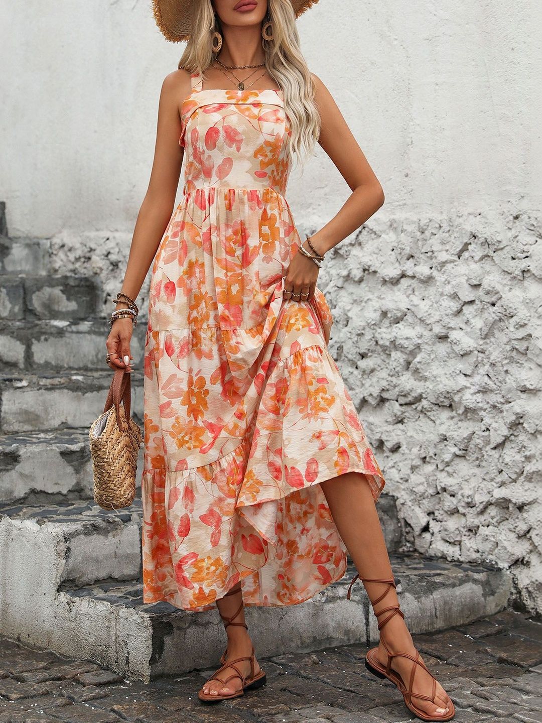 Floral Print Halter Neck Ruffled A-Line Midi Dress