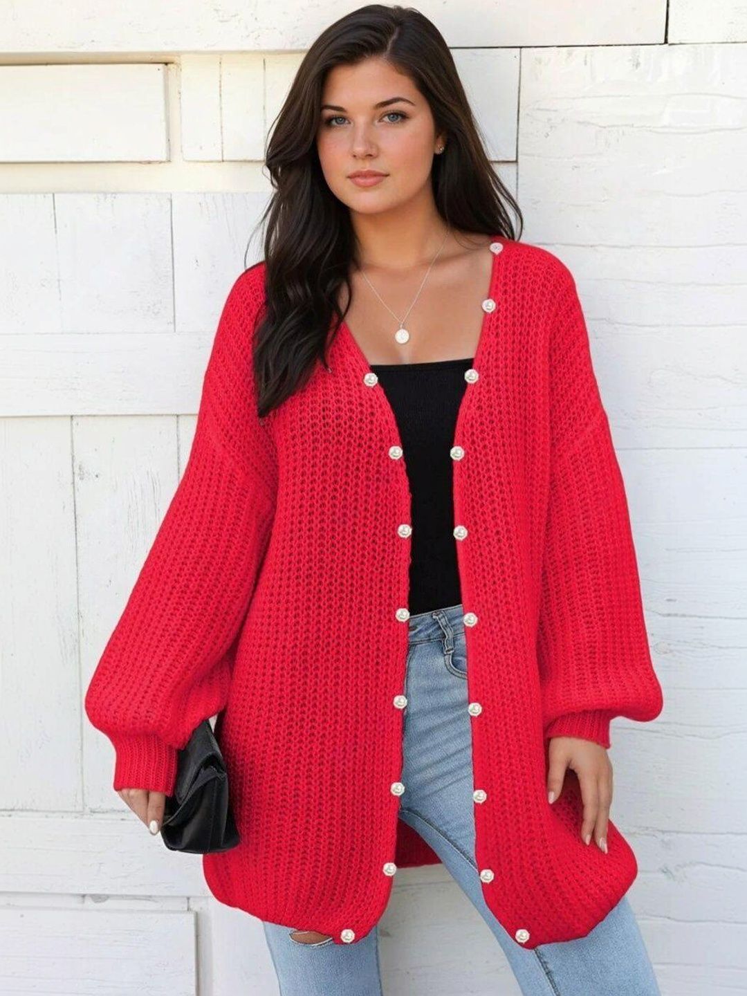 Ribbed Cardigan in Red acrylic - Nowi Korean Fashion