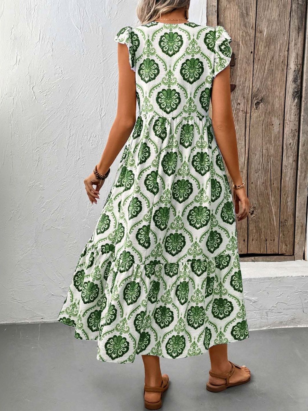 Bohemian Ethnic Motif Flutter Sleeve Midi Dress