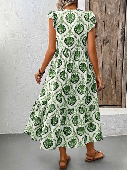 Bohemian Ethnic Motif Flutter Sleeve Midi Dress