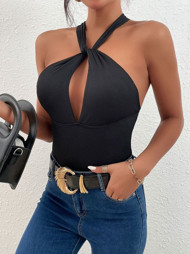 Halter Neck Bodysuit in Black polyester - Nowi Korean Fashion