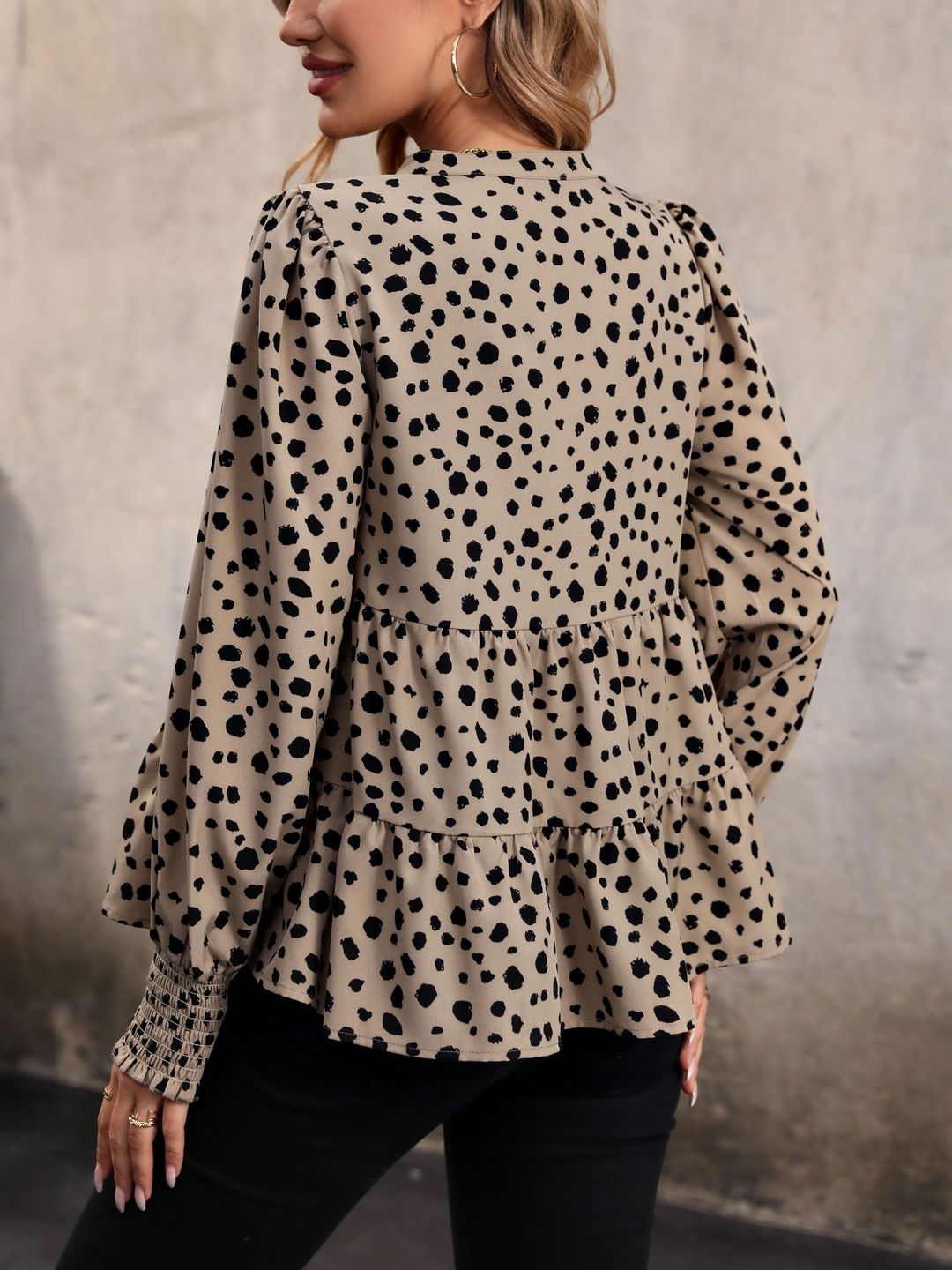 Women's Beige Animal Print Bishop Sleeves Peplum Top