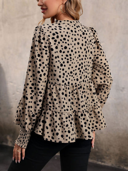 Women's Beige Animal Print Bishop Sleeves Peplum Top