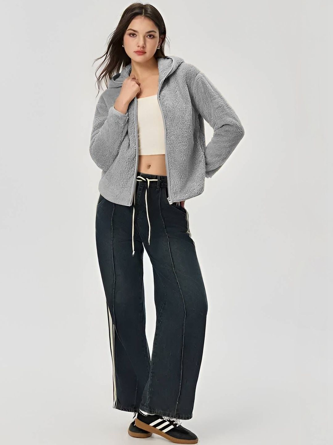 Lightweight Open Front Zip Up Hooded Jacket in Grey - Nowi Korean Fashion