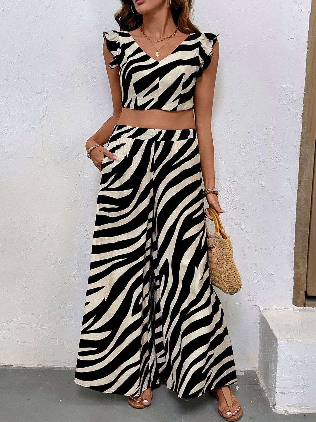 Printed V-Neck Top & Palazzos Co-Ords