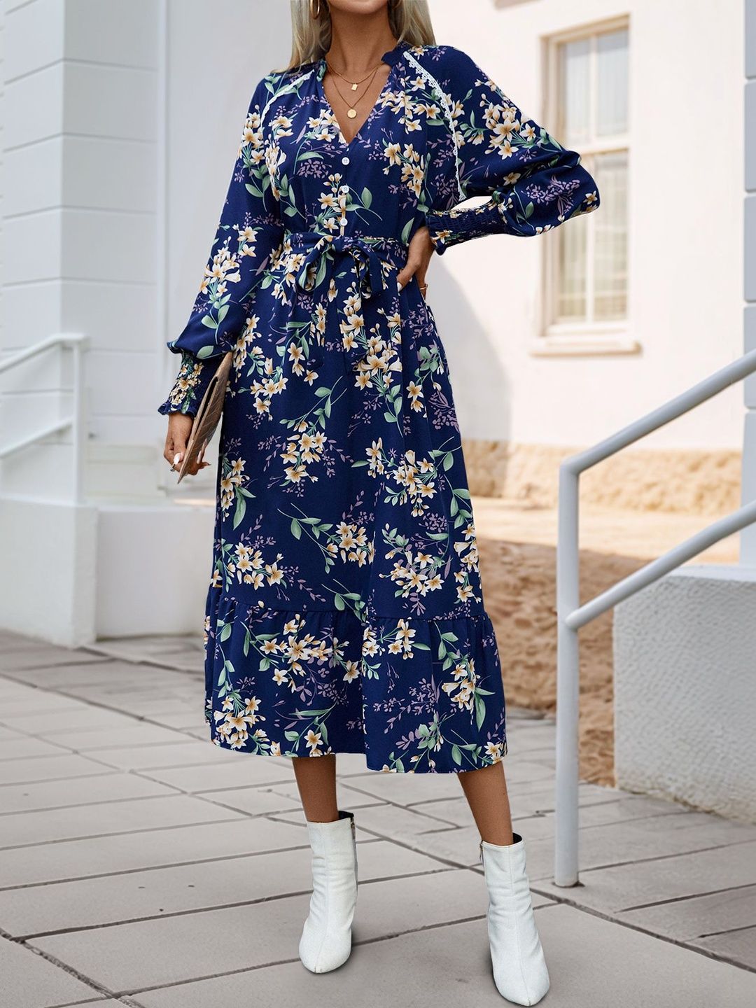 Floral Print Puff Sleeve Fit & Flare Midi Dress