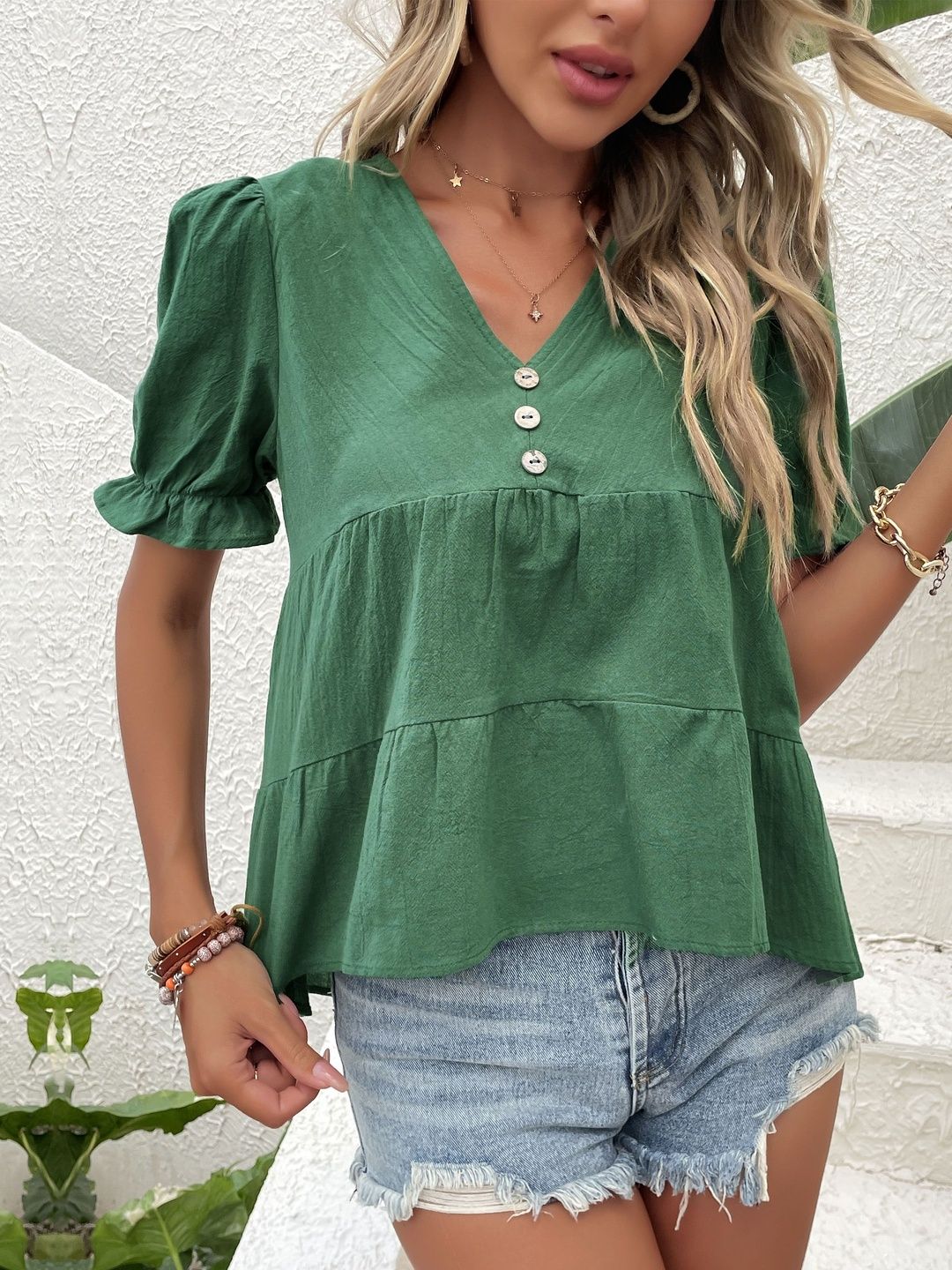 Puff Sleeve Cotton Peplum Top