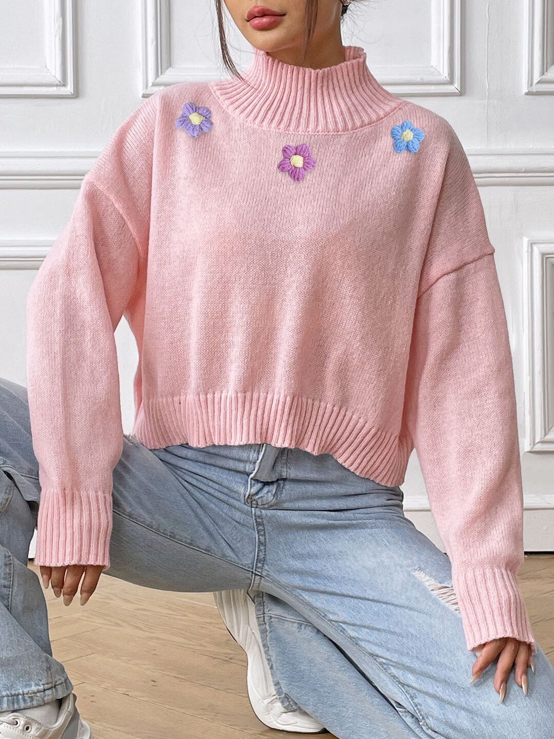 Women Crop Pullover with Embroidered Detail