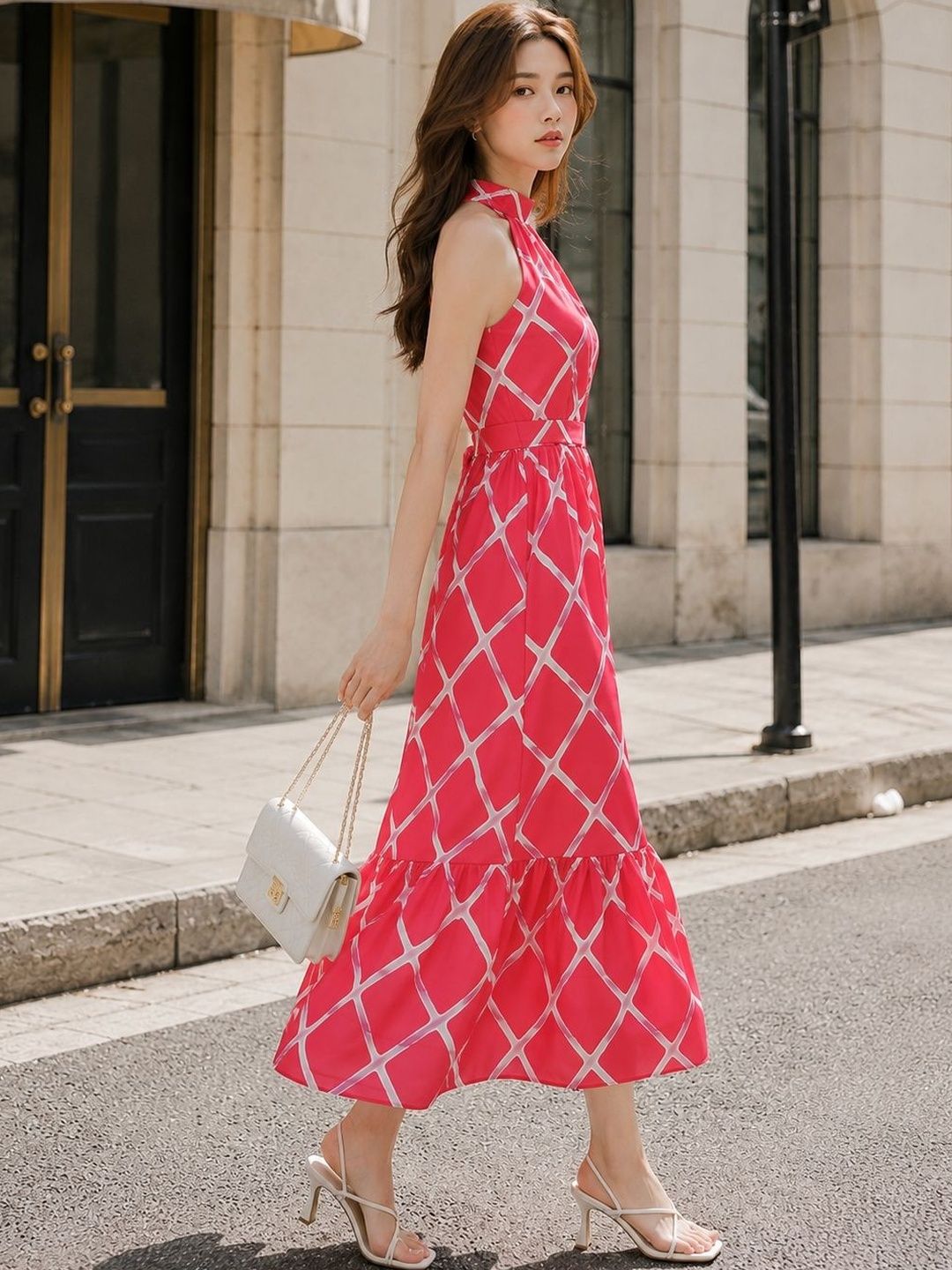 Print Halter Neck Crepe Fit & Flare Midi Dress