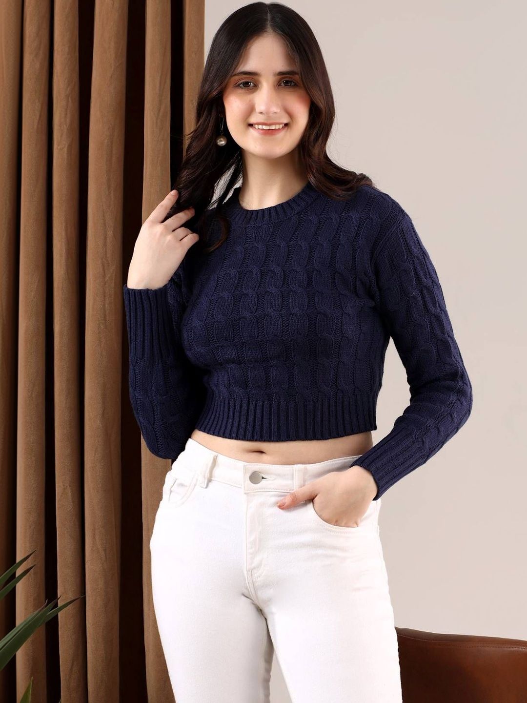 NOWI Women Cable Knit Ribbed Woollen Crop Pullover