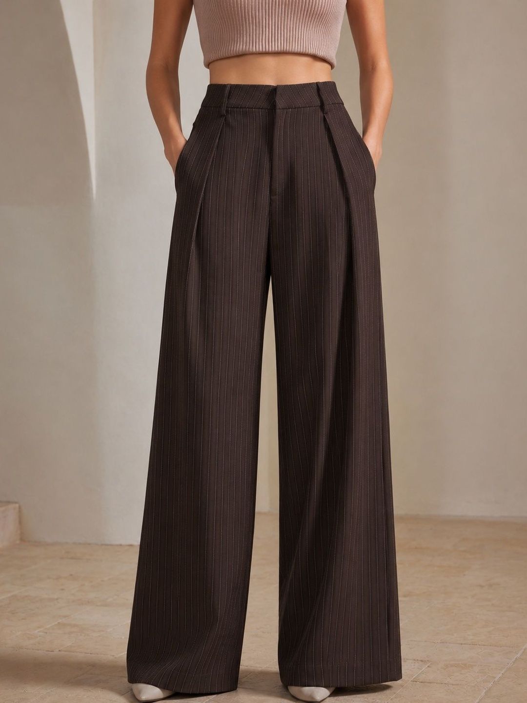 Women Striped Relaxed High-Rise Easy Wash Pleated Trousers