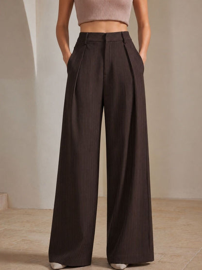 Women Striped Relaxed High-Rise Easy Wash Pleated Trousers