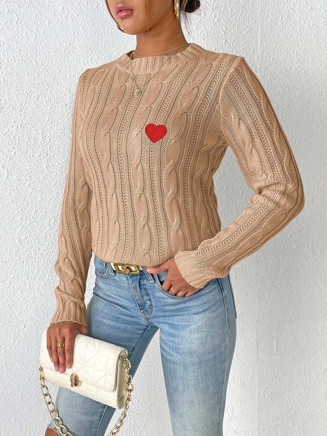 Women Cable Knit Pullover with Embroidered Detail