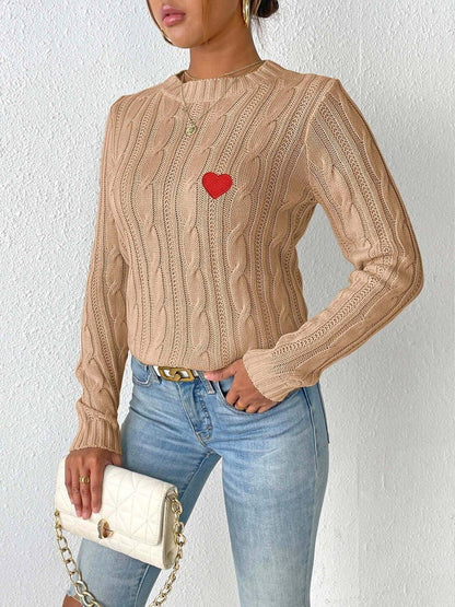 Women Cable Knit Pullover with Embroidered Detail