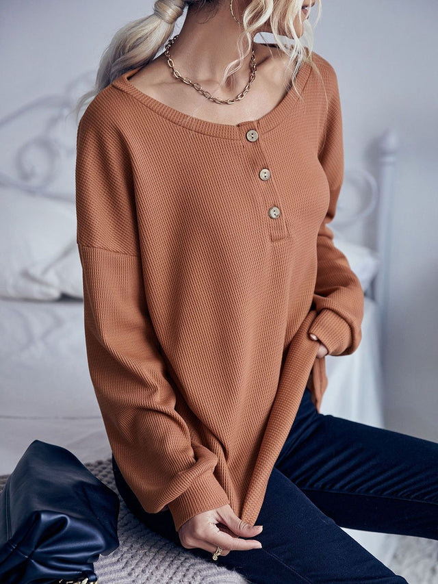 Sweatshirt in Brown Cotton Round Neck - Nowi Korean Fashion