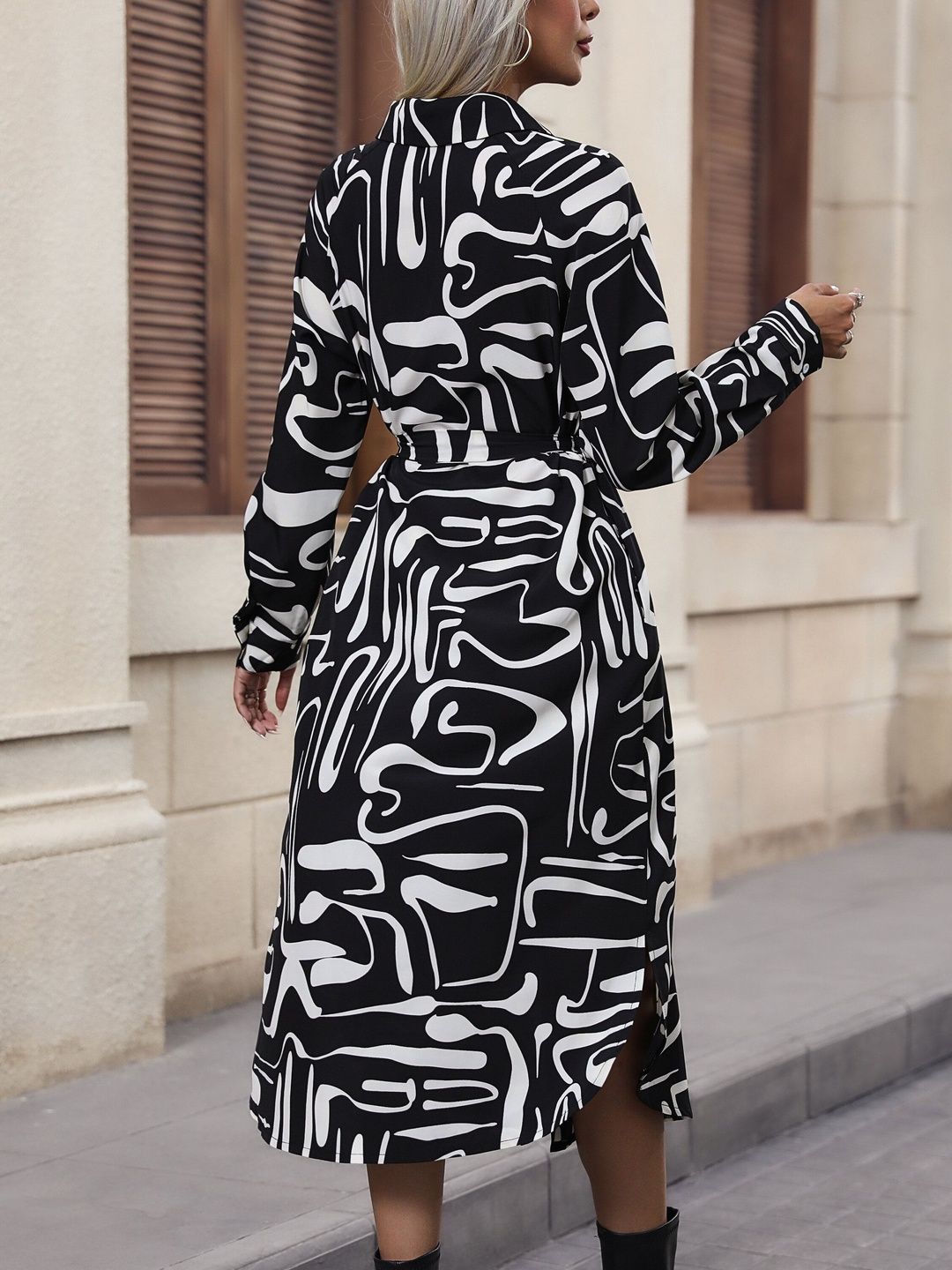 Women's Black Print Shirt Midi Dress Blend Printed
